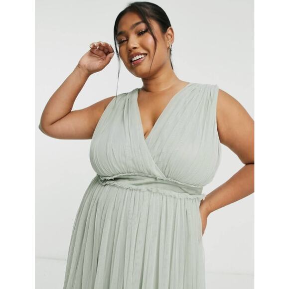 Anaya Bridesmaid V Neck Ruffle Waist Maxi Dress Sage Green Womens Plus Size 18 - Picture 3 of 12